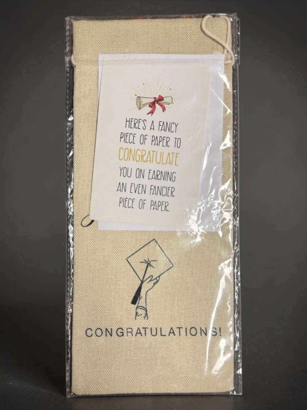 Graduation Linen Wine Bag Gift Set w Card & Envelope NIP